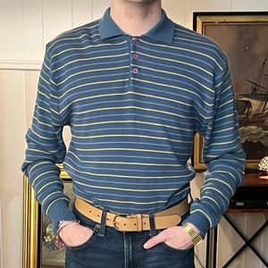 Vintage Blue & yellow stripe soft button up long sleeve